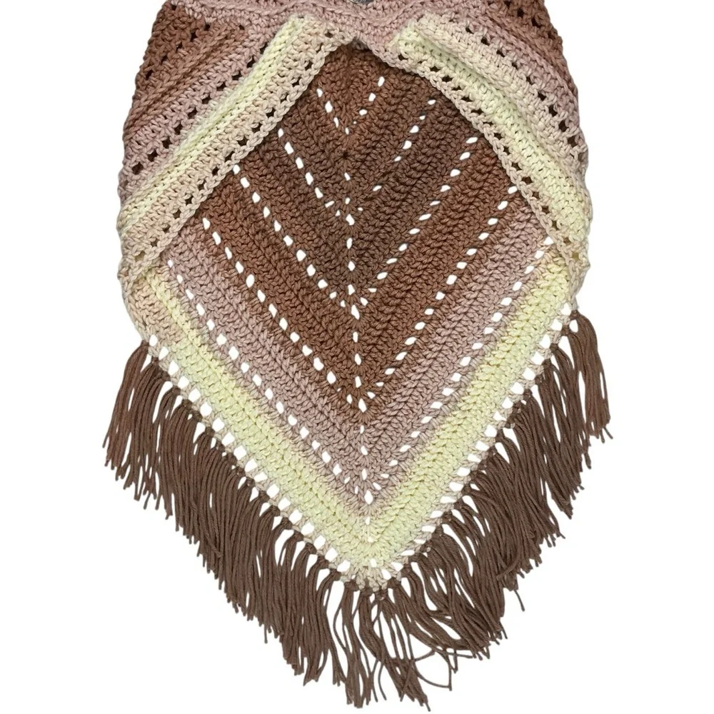 Hand Crafted‎ Crochet Turtle Neck Scarf in Beige and Cream with Fringe